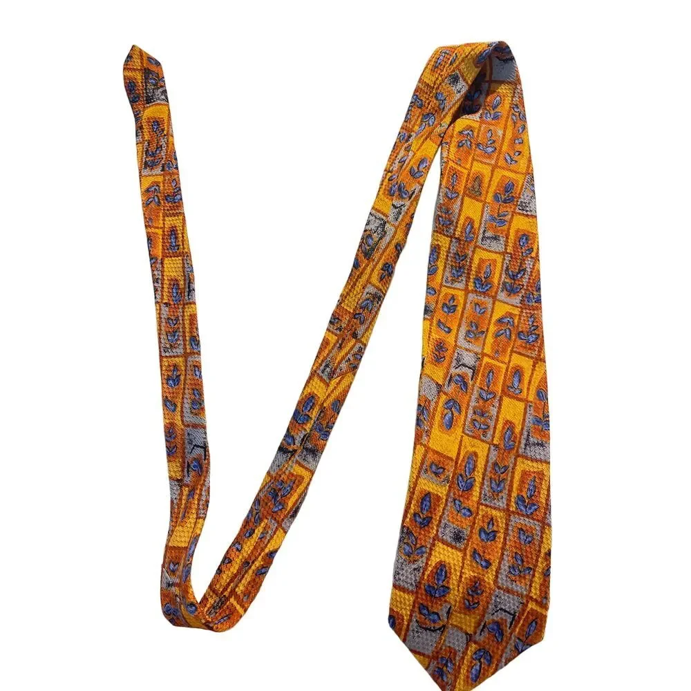 Emoda Luxury Silk Tie Yellow Blue Leaf Pattern Designer‎ Necktie Z-32